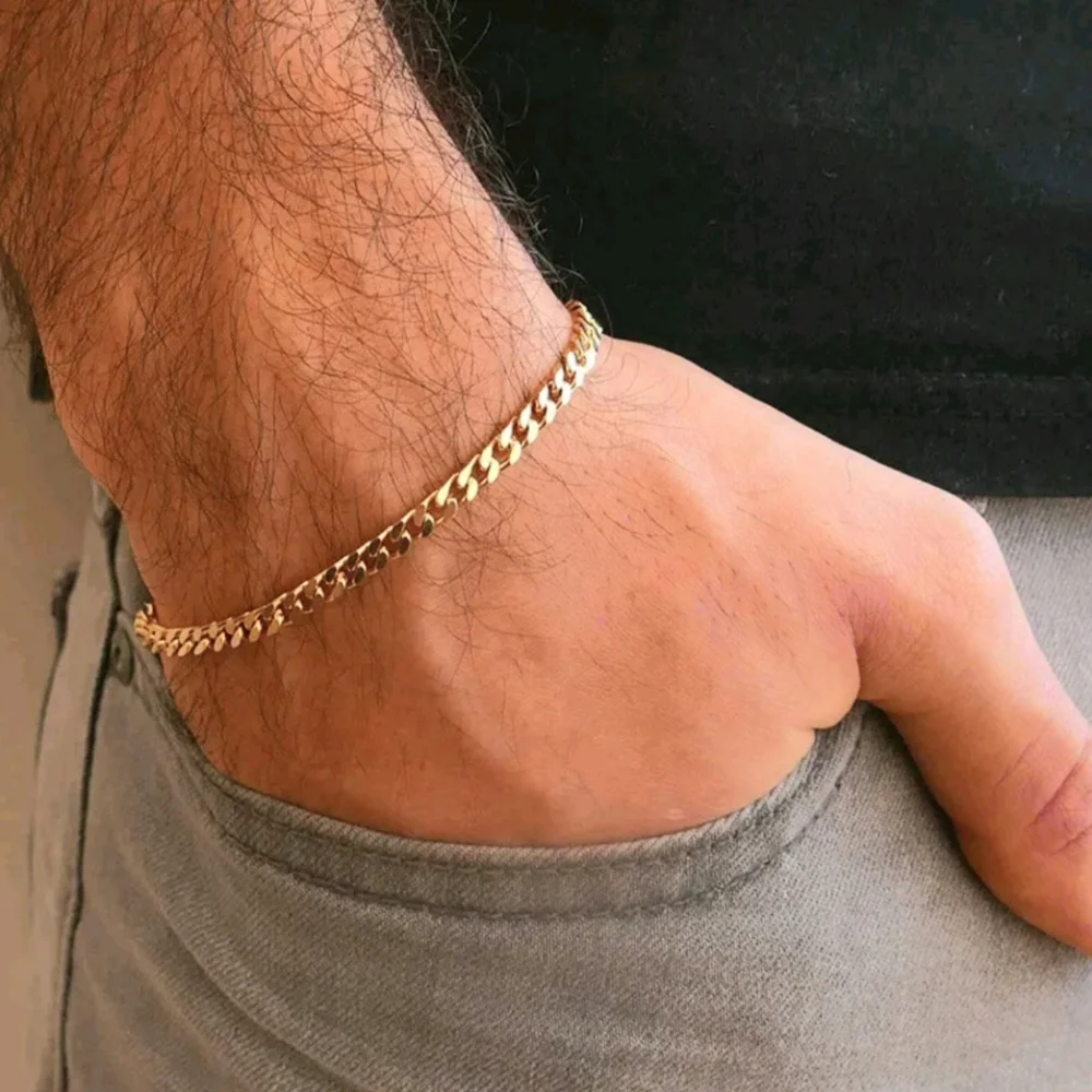Gold Stainless Steel 3mm Curb Cuban Chain Link Bracelet Unisex Mens Womens Slim